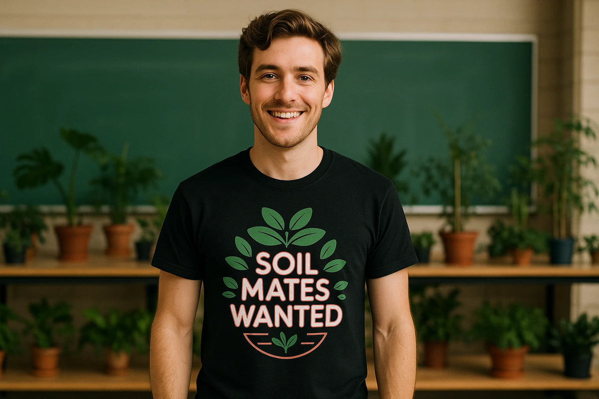 Lifestyle shot of the "Soil Mates Wanted" black botany t shirt in a real-world setting