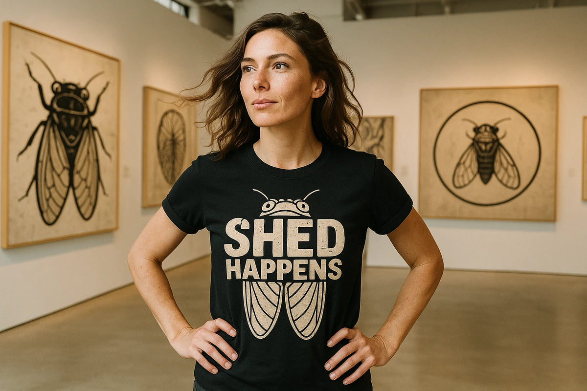 Lifestyle shot of the "Shed Happens" black cicada t shirt in a real-world setting