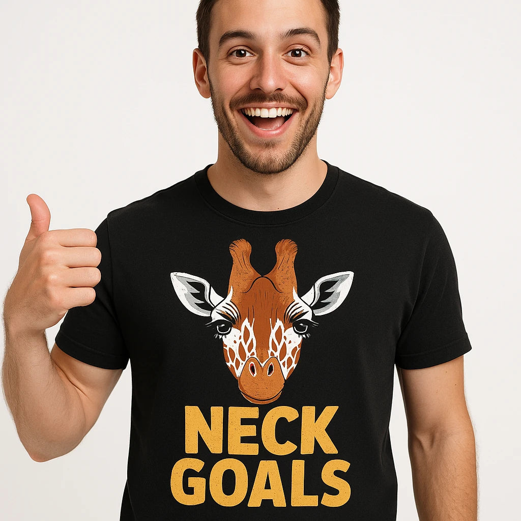 Close-up of the "Neck Goals" gold print on a premium Bella+Canvas black giraffe print tee