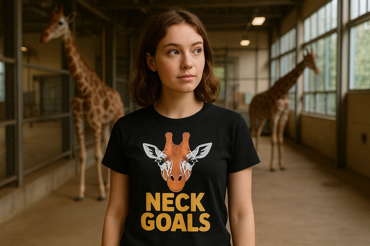 Lifestyle shot of the "Neck Goals" black giraffe print tee in a real-world setting