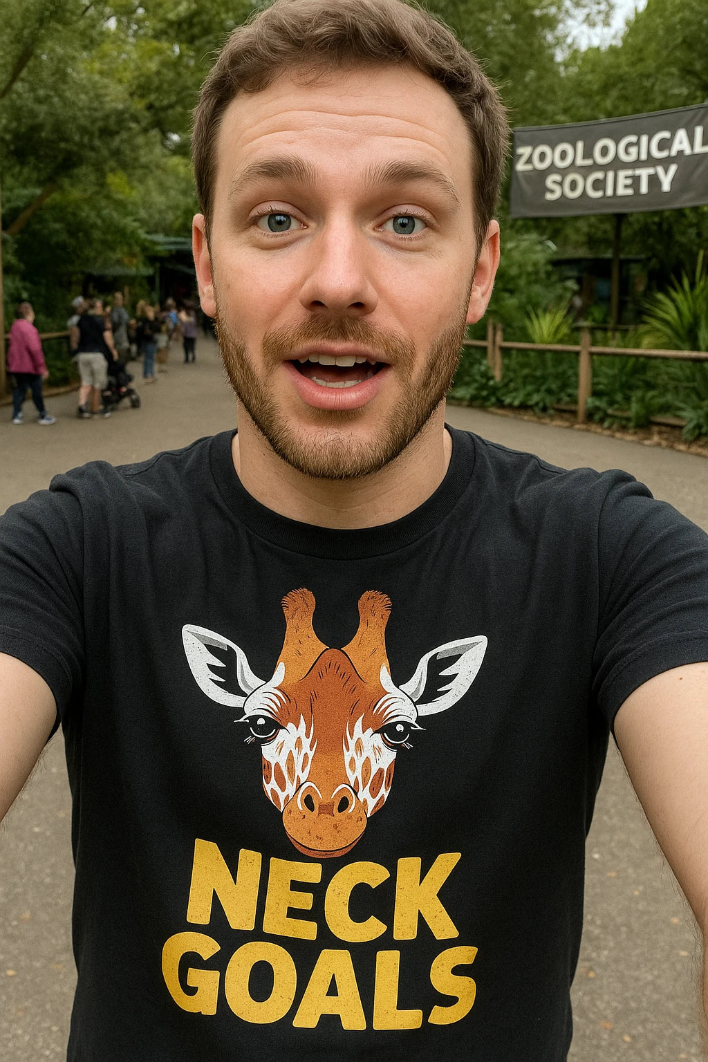 "Neck Goals" black giraffe print tee, photographed as unique gifts for giraffe lovers