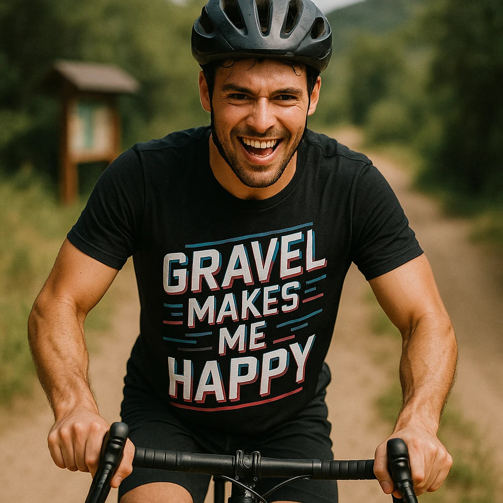 "Gravel Makes Me Happy" black dirt bike shirts, photographed as gifts for biking lovers