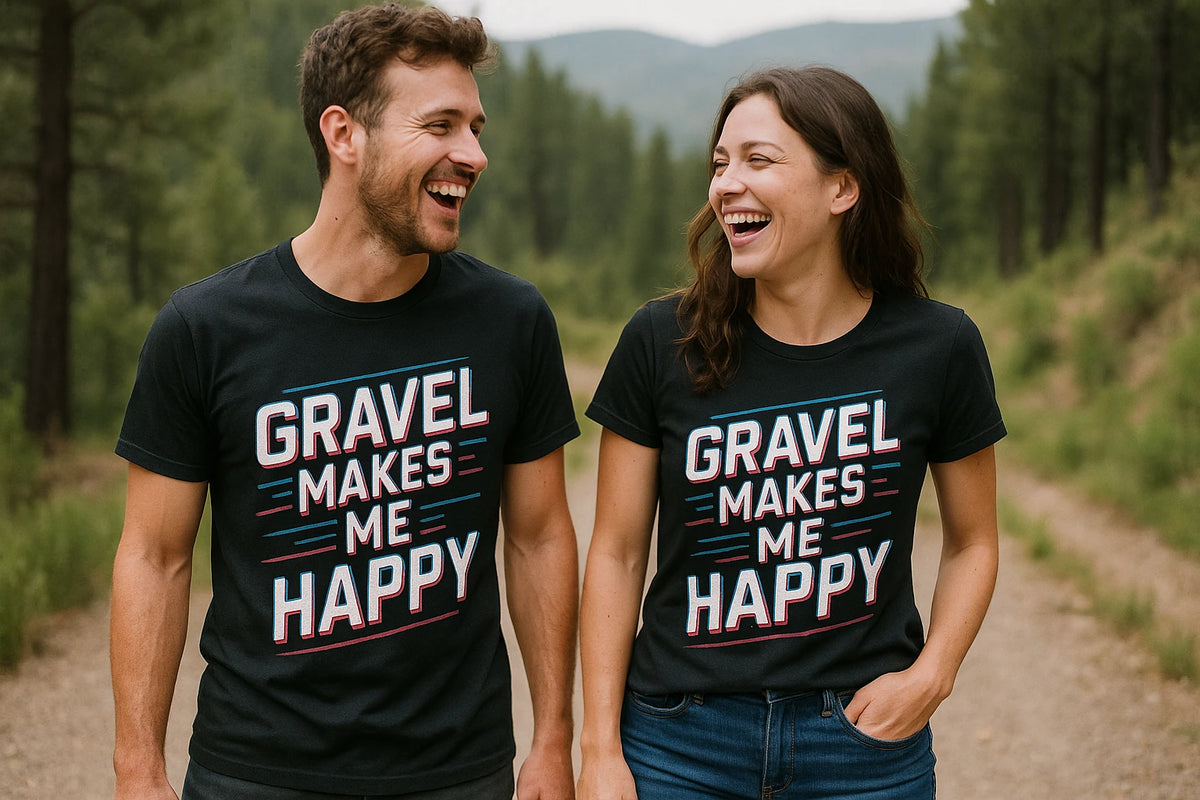 Person wearing the black dirt bike shirts graphic tee - "Gravel Makes Me Happy" design