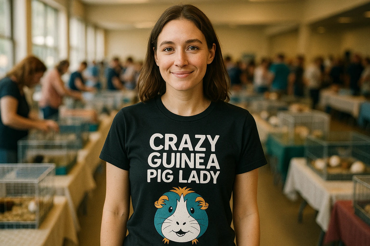 Lifestyle shot of the "Crazy Guinea Pig Lady" black graphic tee in a real-world setting