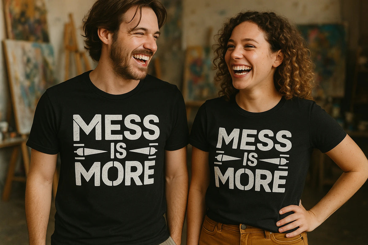 Person wearing the black minimalist geometric sculpting t shirt graphic tee - "Mess Is More" design