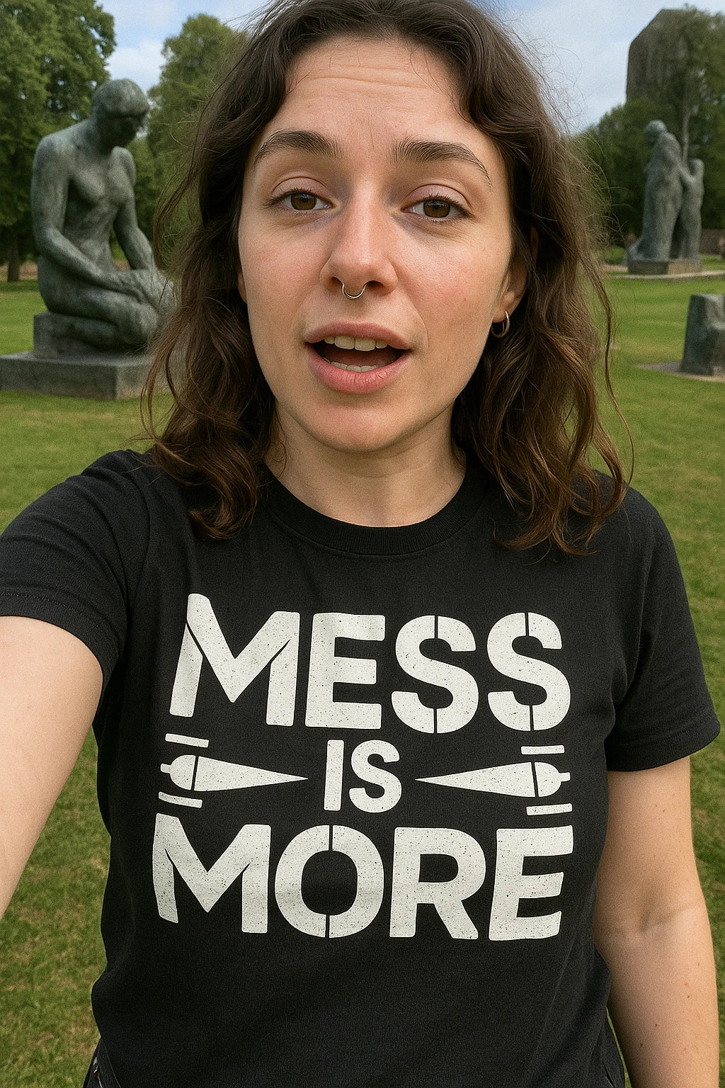 "Mess Is More" black minimalist geometric sculpting t shirt, photographed as sculpting lover gift