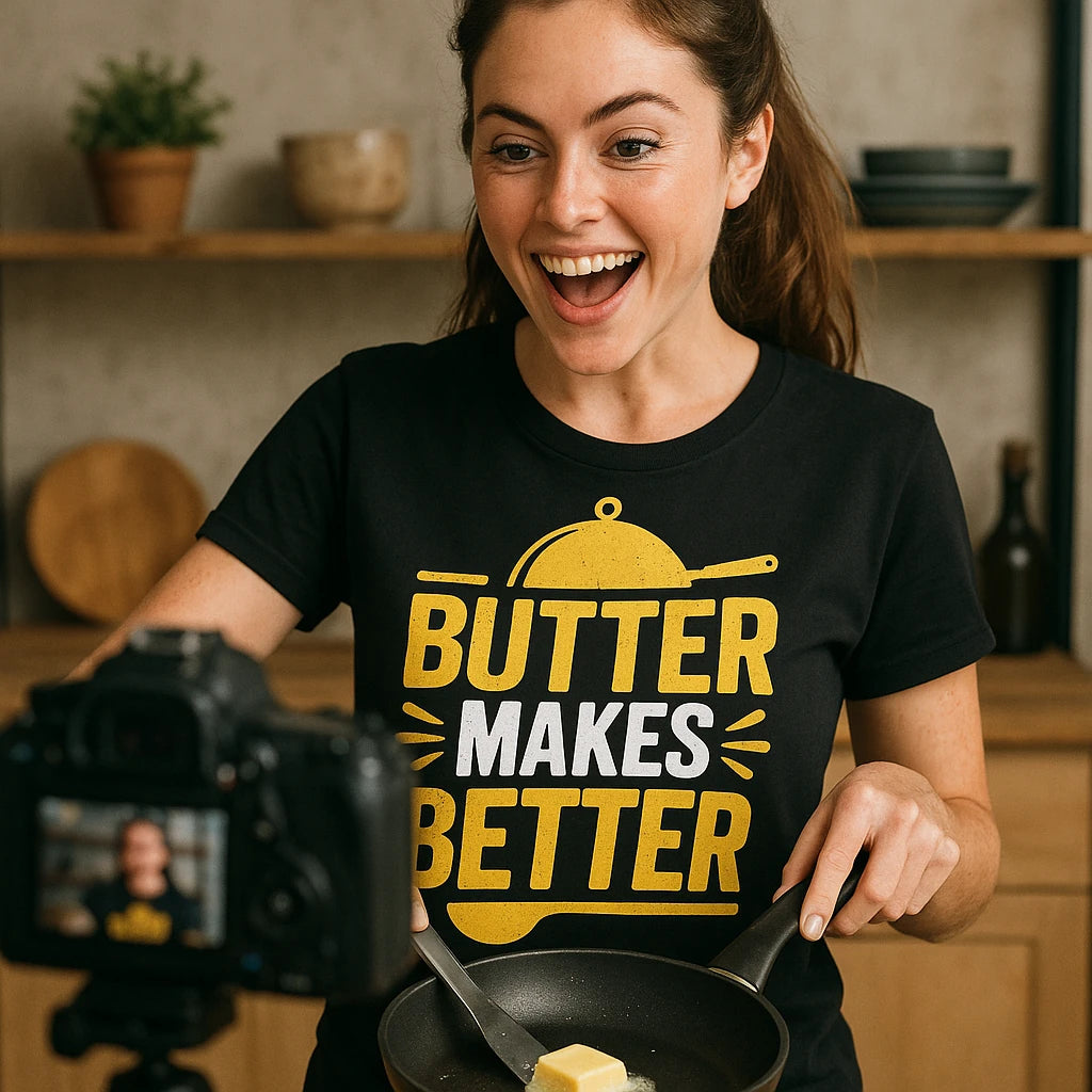 "Butter Makes Better" black cooking shirts - also a unique gifts for cooking lovers