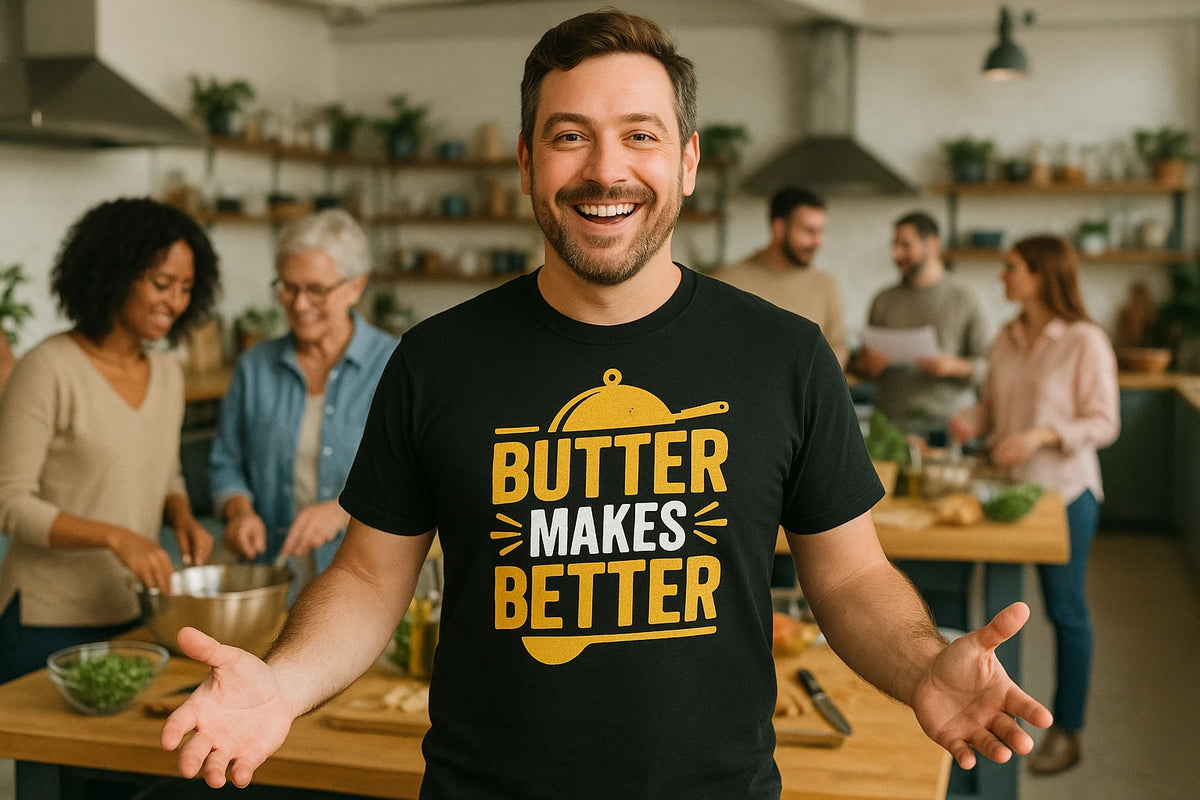 Lifestyle shot of the "Butter Makes Better" black cooking shirts in a real-world setting