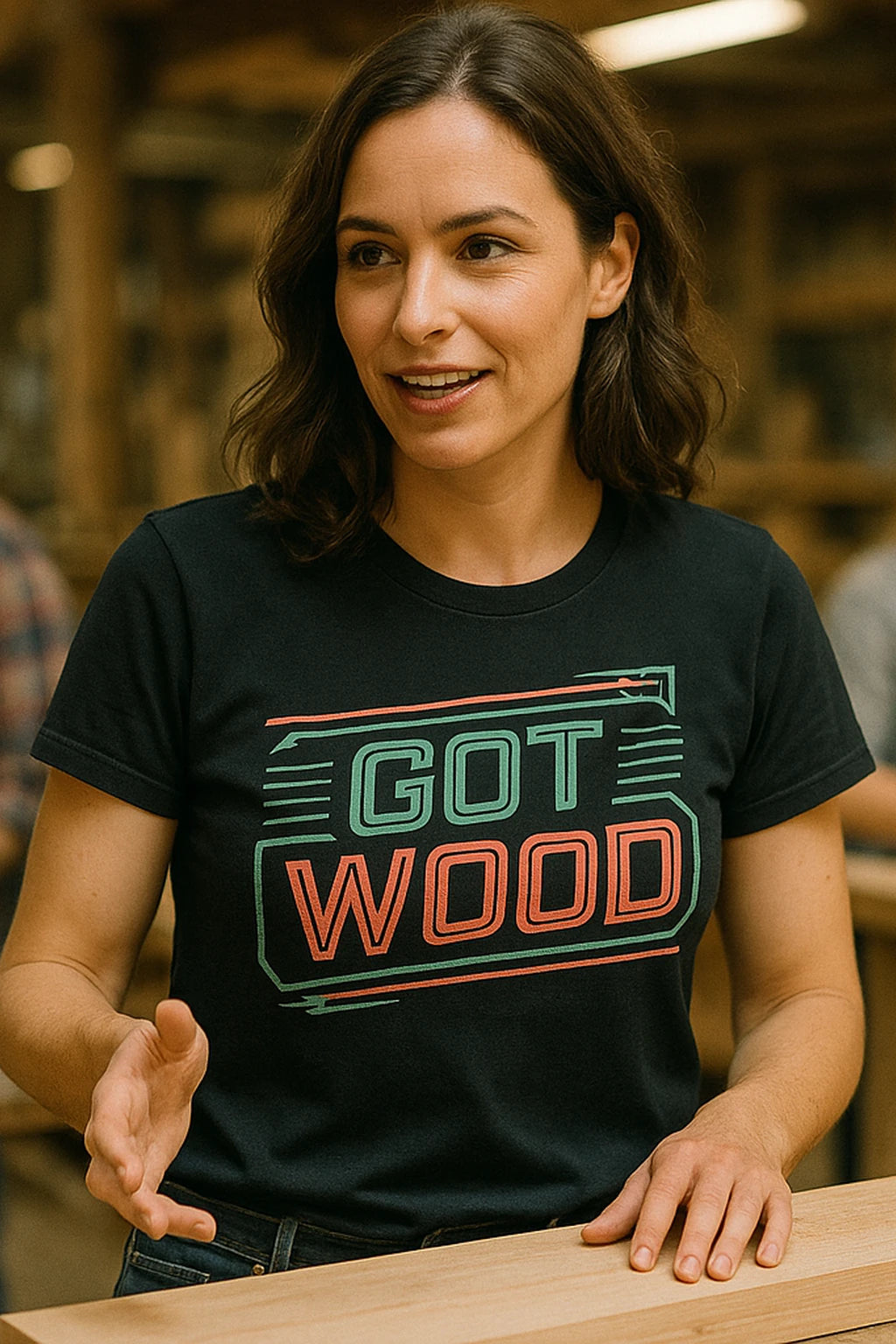 "Got Wood" black carpentry t shirt, photographed as carpentry gift