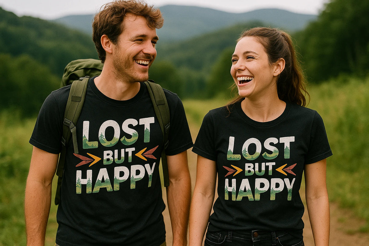 Person wearing the black trekking shirts mens graphic tee - "Lost But Happy" design