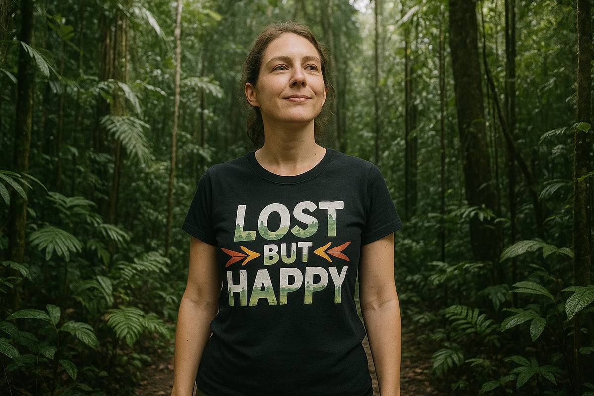 Lifestyle shot of the "Lost But Happy" black trekking shirts mens in a real-world setting