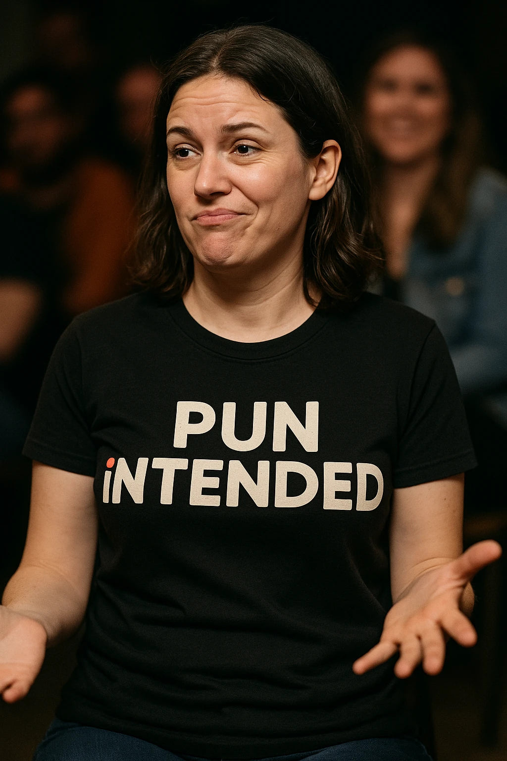 "Pun Intended" black comedy shirts, photographed as gifts for comedy lovers