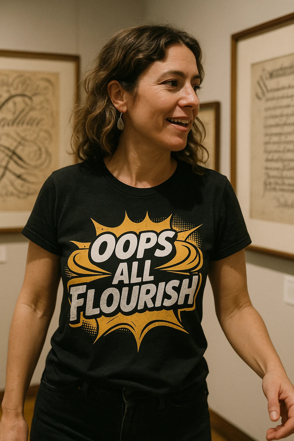 "Oops All Flourish" black calligraphy tees, photographed as gifts for calligraphy lovers
