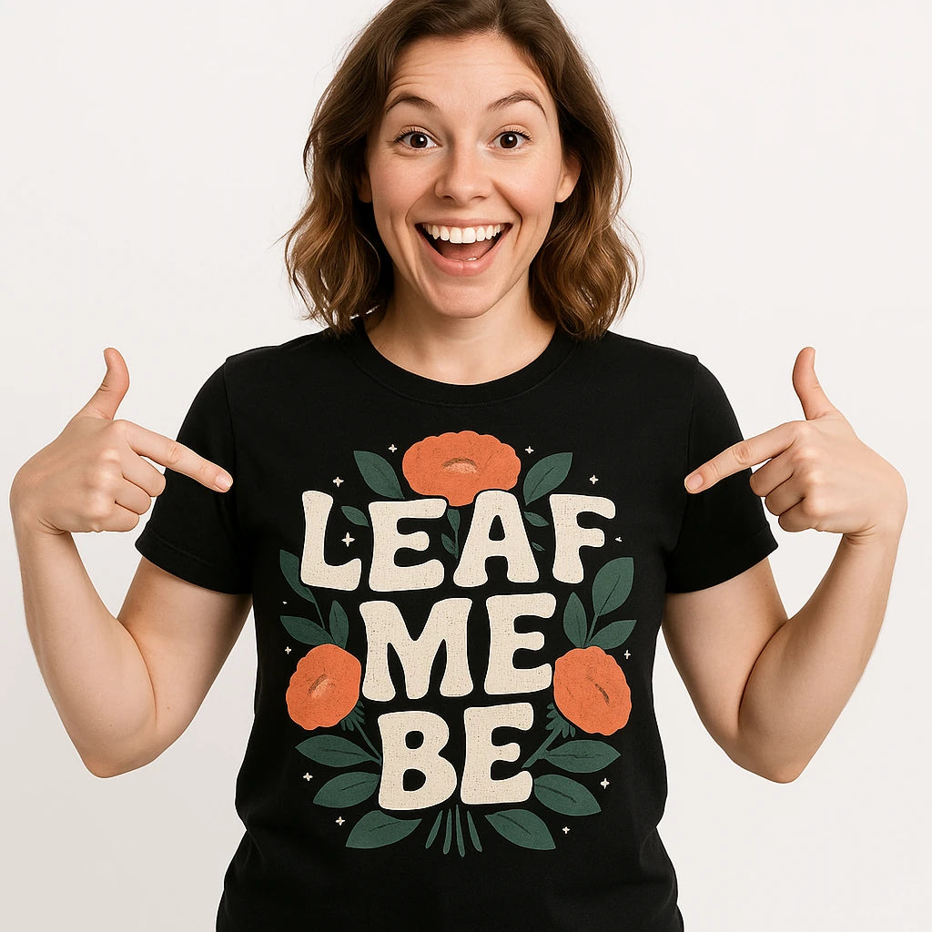 Close-up of the "Leaf Me Be" brown print on a premium Bella+Canvas black florist shirts