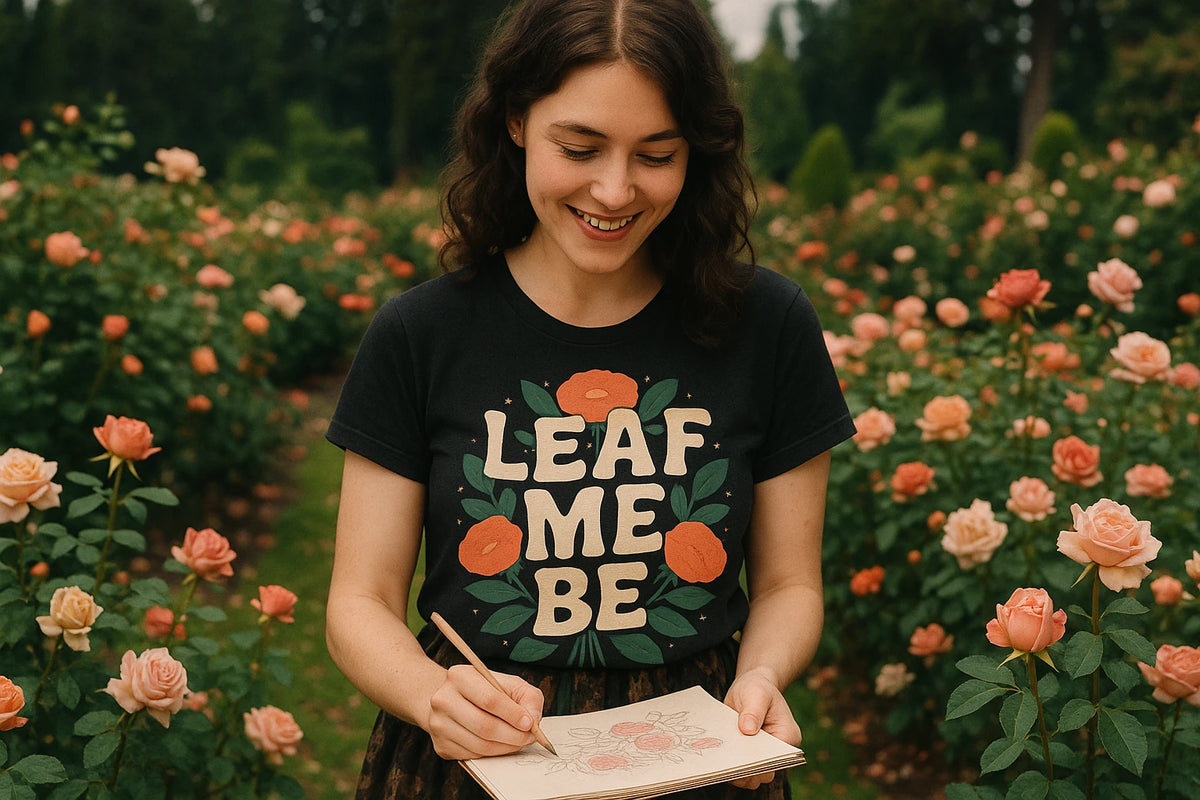 Lifestyle shot of the "Leaf Me Be" black florist shirts in a real-world setting
