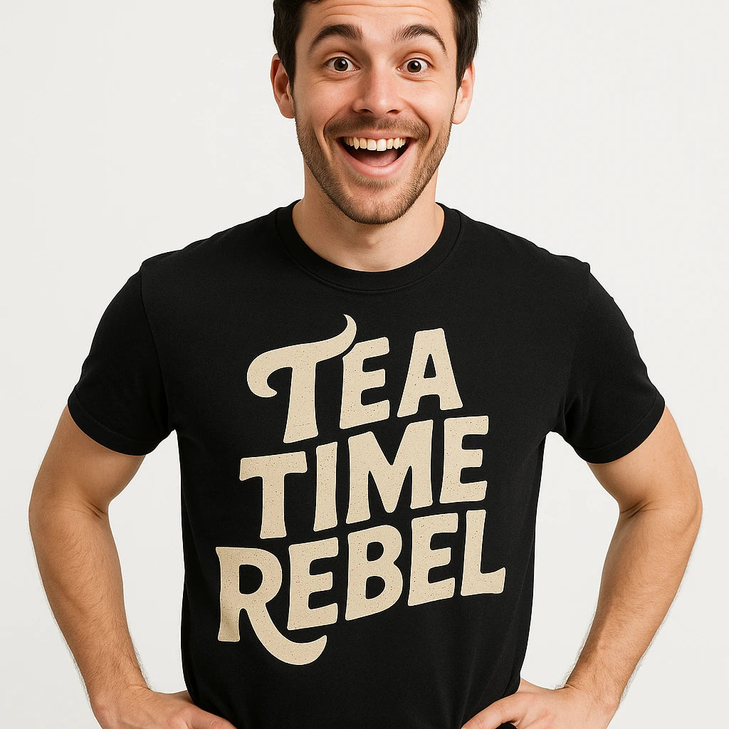 Close-up of the "Tea Time Rebel" beige print on a premium Bella+Canvas black steampunk shirts