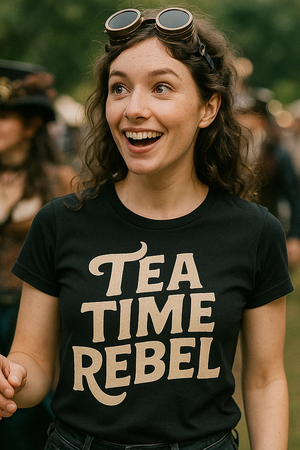 "Tea Time Rebel" black steampunk shirts, photographed as steampunk lover gift