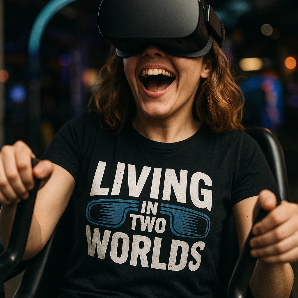"Living in Two Worlds" virtual reality t shirt - product photo 8