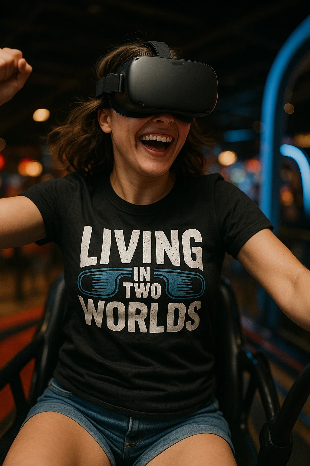 "Living in Two Worlds" black virtual reality t shirt - a birthday gift for virtual reality lover