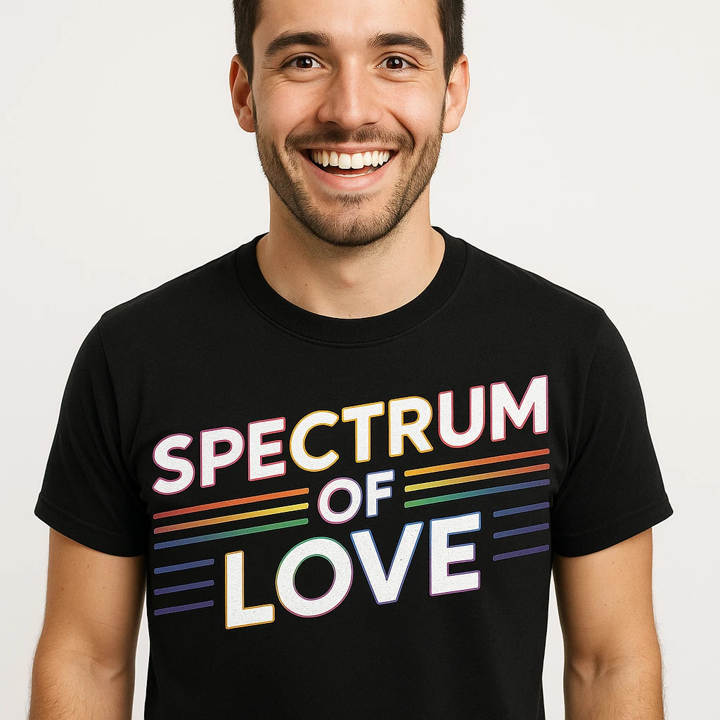 Close-up of the "Spectrum of Love" white print on a premium Bella+Canvas black pride shirts that benefit lgbtq