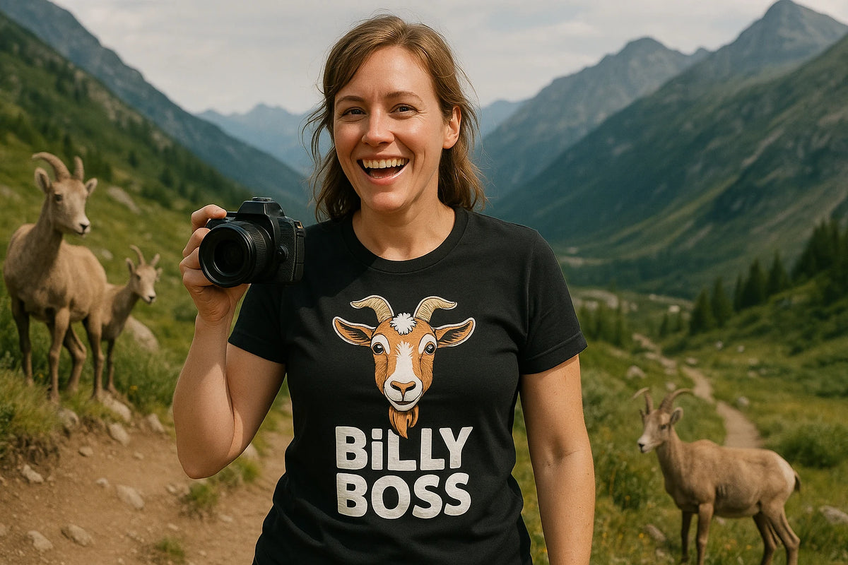 Lifestyle shot of the "Billy Boss" black i love goats t shirt in a real-world setting