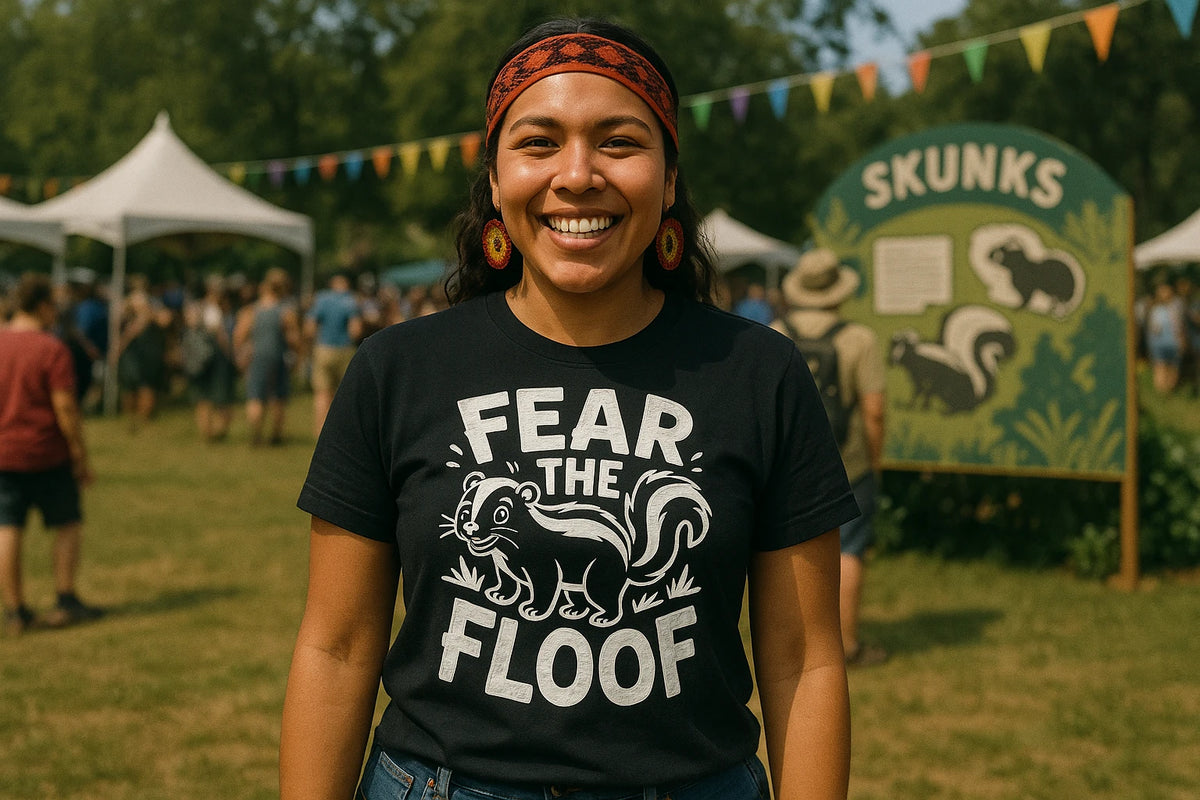 Lifestyle shot of the "Fear the Floof" black skunks t shirt in a real-world setting