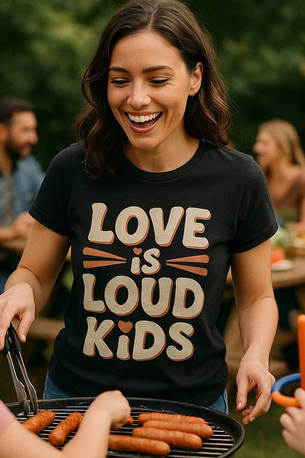 "Love Is Loud Kids" black family life t shirt, photographed as family life lover gift
