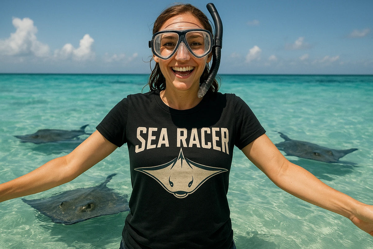 Lifestyle shot of the "Sea Racer" black stingray shirts in a real-world setting