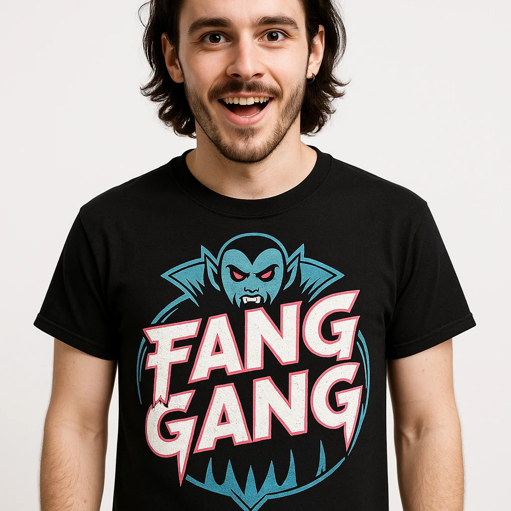 Close-up of the "Fang Gang" gray print on a premium Bella+Canvas black buffy the vampire slayer graphic tee