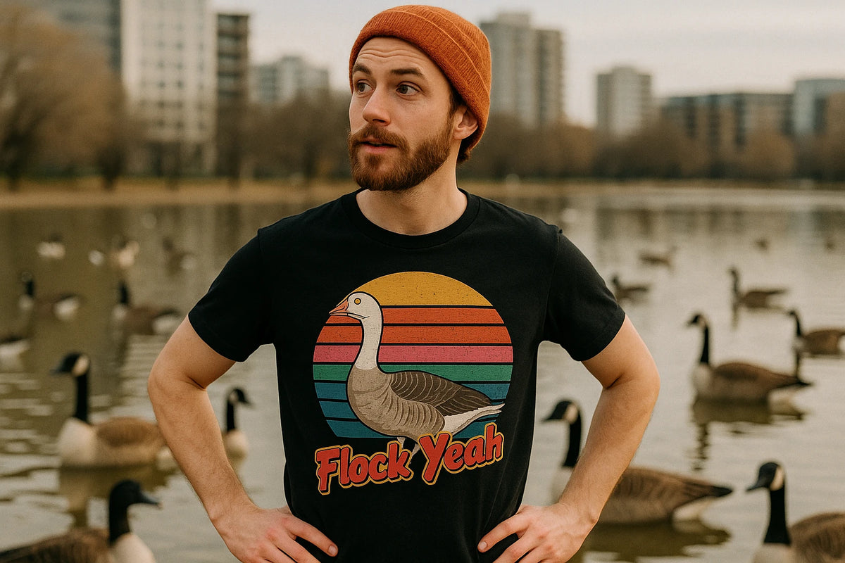 Lifestyle shot of the "Flock Yeah" black geese t shirt in a real-world setting