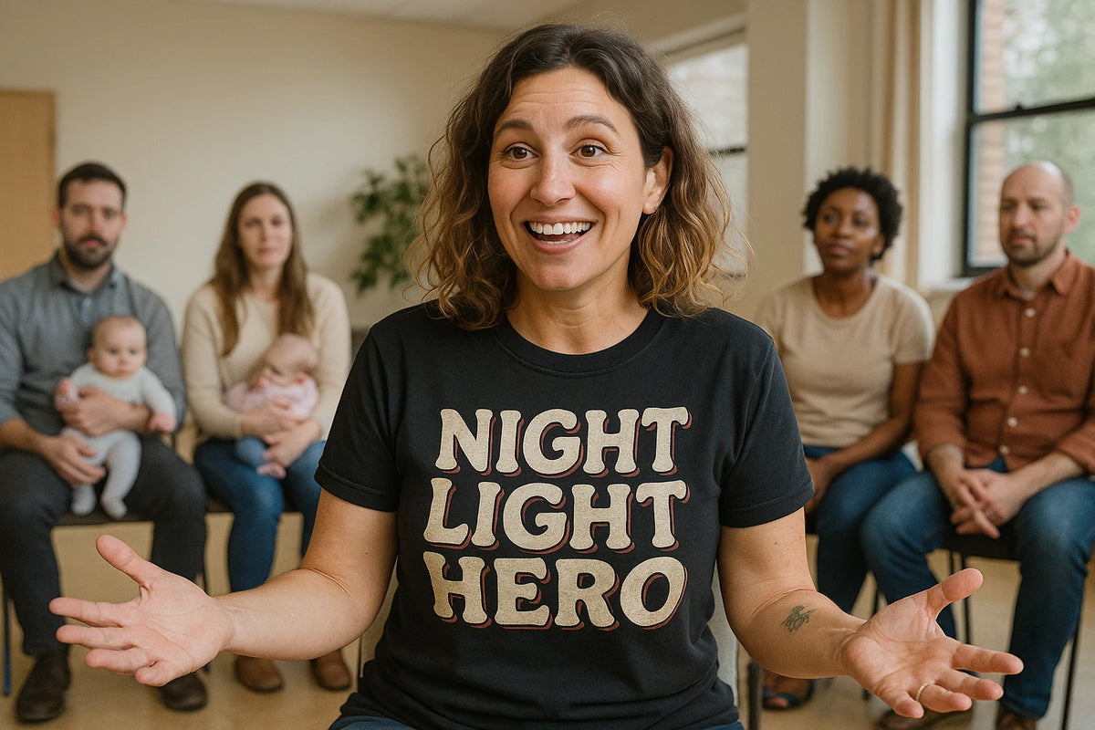 Lifestyle shot of the "Night Light Hero" black new parents shirts in a real-world setting