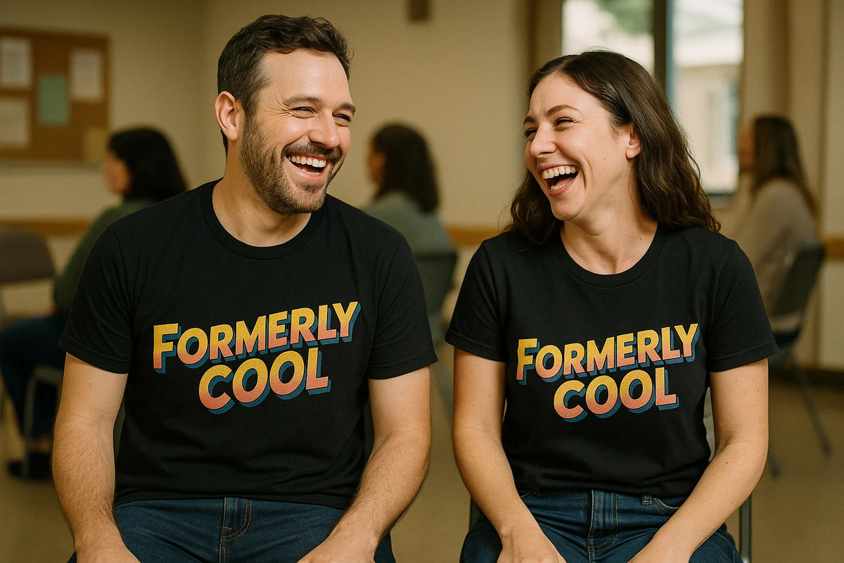 Person wearing the black parent identity crisis t shirt graphic tee - "Formerly Cool" design