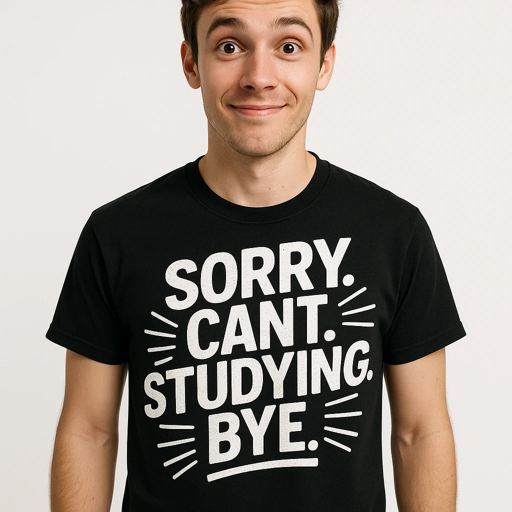 Close-up of the "Sorry. Cant. Studying. Bye." white print on a premium Bella+Canvas black studying t shirt