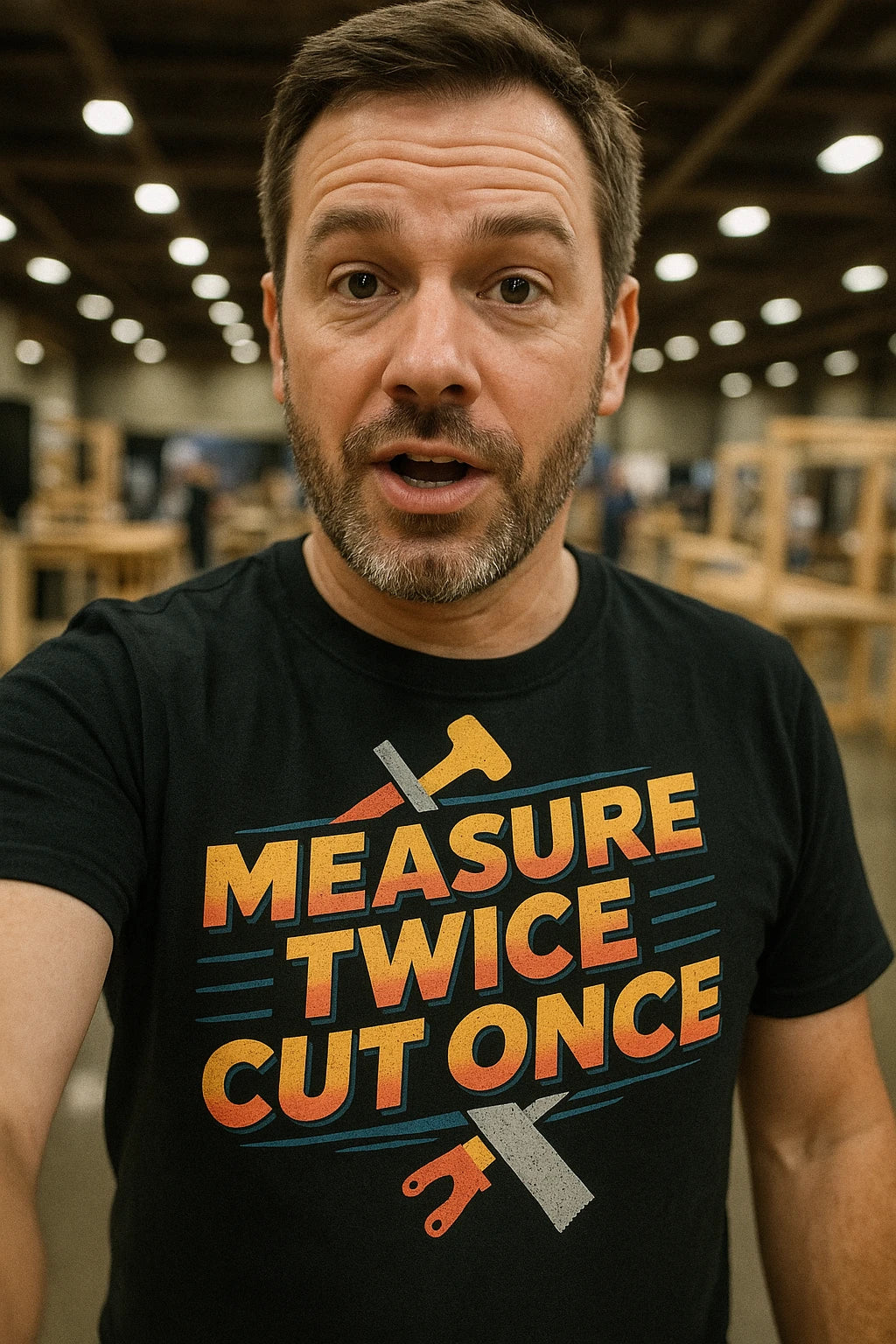 "Measure Twice Cut Once" black carpentry t shirt, photographed as carpentry gift