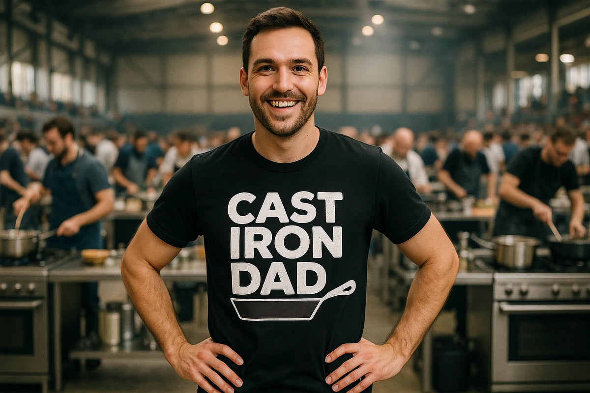 Lifestyle shot of the "Cast Iron Dad" black line cook shirts in a real-world setting