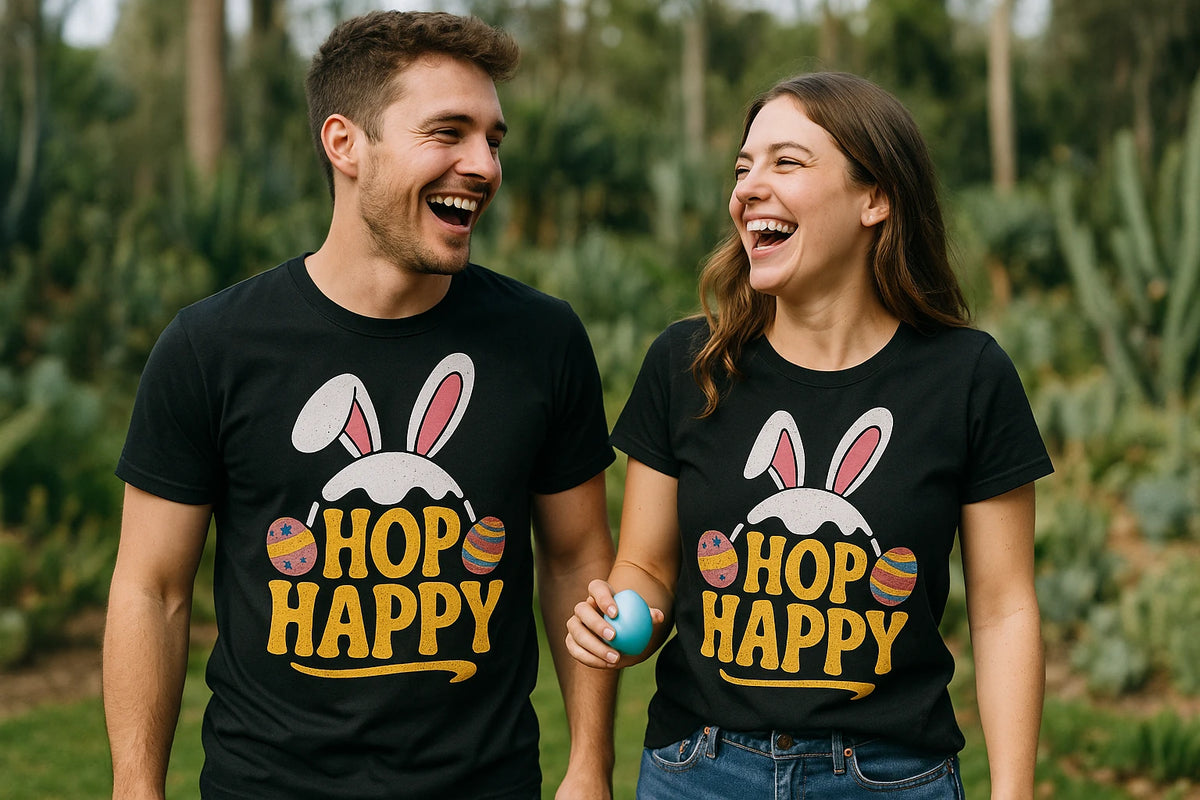 Person wearing the black easter tee shirts for adults graphic tee - "Hop Happy" design