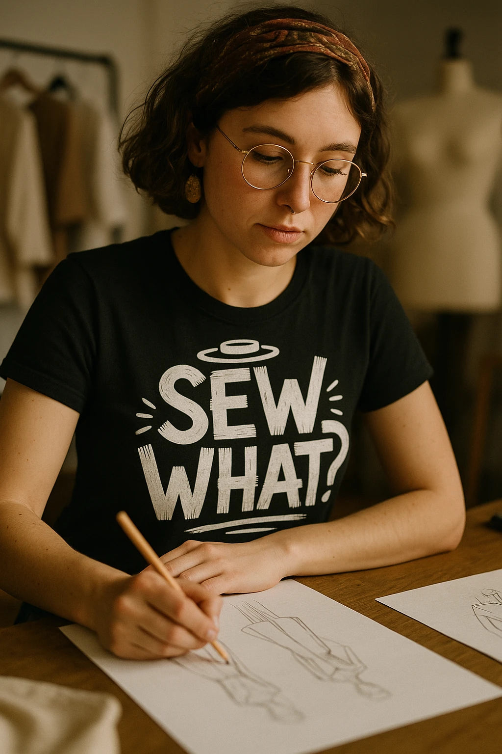 "Sew What" black fashion designer t shirt - a birthday gift for fashion designer