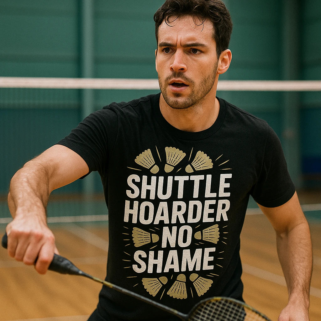 "Shuttle Hoarder No Shame" badminton t shirt - product photo 8