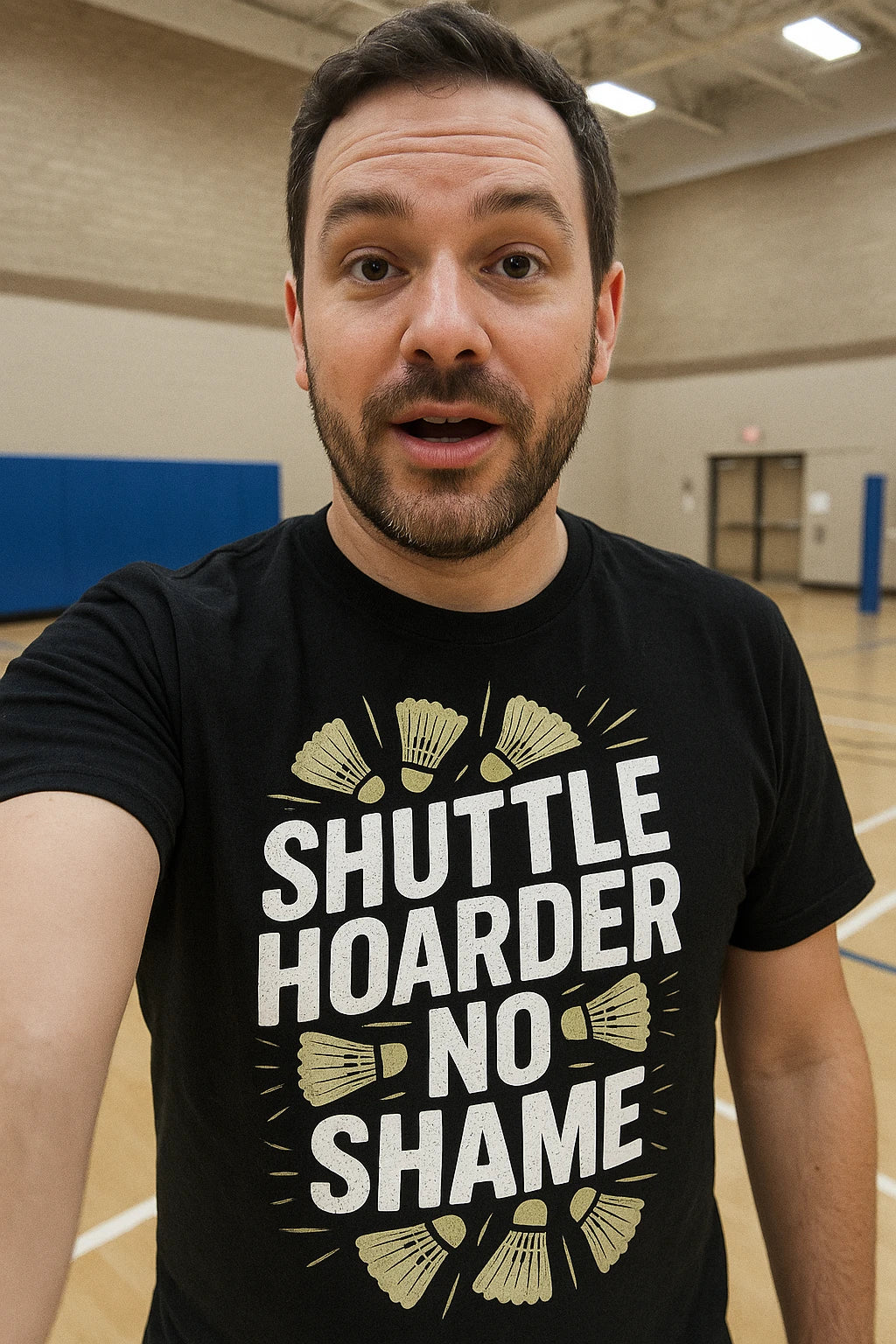 "Shuttle Hoarder No Shame" black badminton t shirt, photographed as best gift for badminton lover