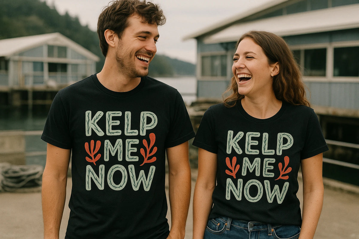 Person wearing the black marine biology shirts graphic tee - "Kelp Me Now" design