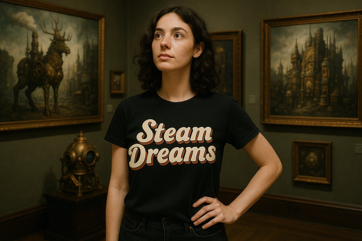 Lifestyle shot of the "Steam Dreams" black steampunk graphic tee in a real-world setting