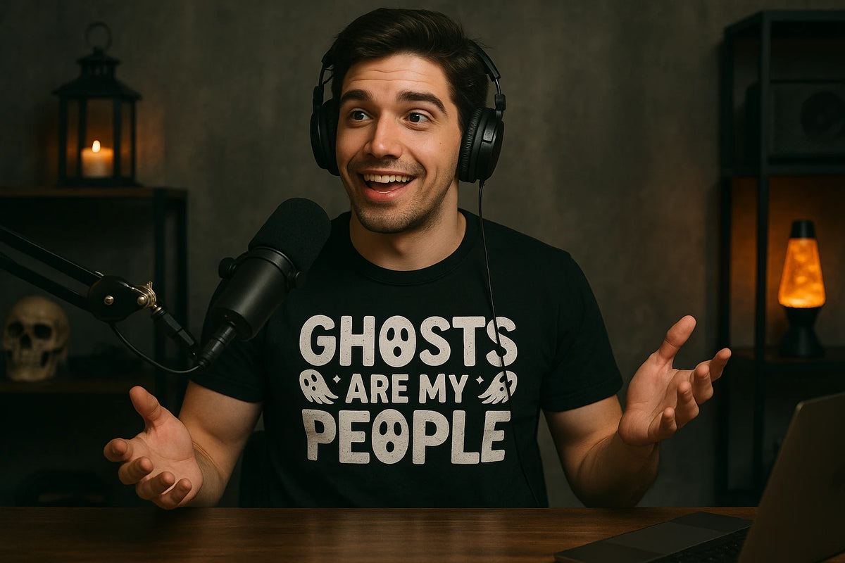 Lifestyle shot of the "Ghosts Are My People" black paranormal shirts in a real-world setting