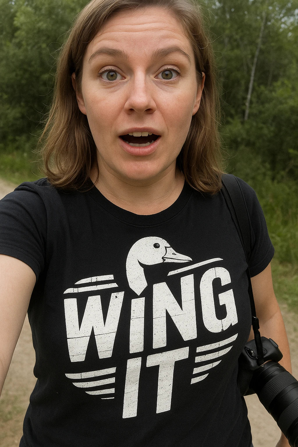 "Wing It" black geese t shirt, photographed as geese lover gift