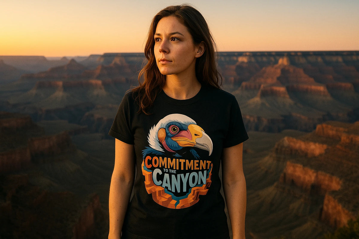 Lifestyle shot of the "Commitment To the Canyon" black the grand canyon shirts in a real-world setting