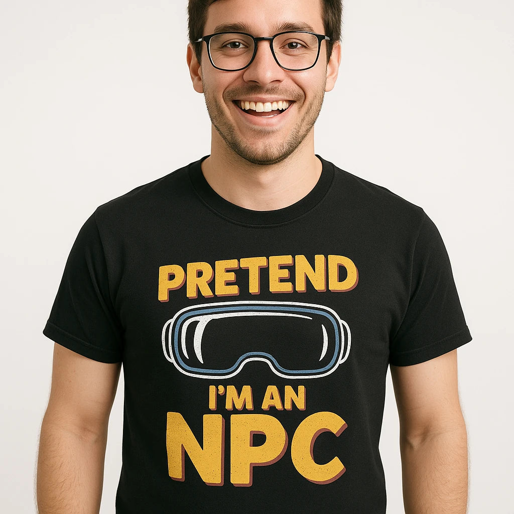 Close-up of the "Pretend Im an Npc" gold print on a premium Bella+Canvas black virtual reality t shirt