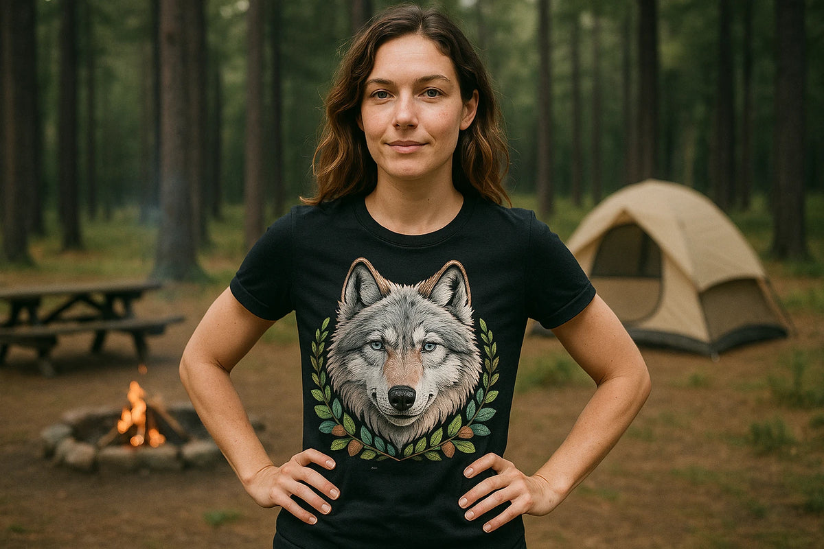 Lifestyle shot of the "Give Me Trees Or I'Ll Panic" black forest green t shirt in a real-world setting