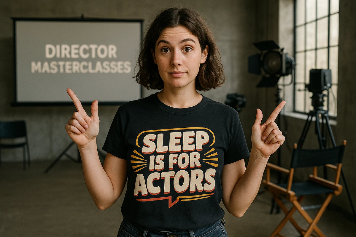 Lifestyle shot of the "Sleep Is for Actors" black film director t shirt in a real-world setting