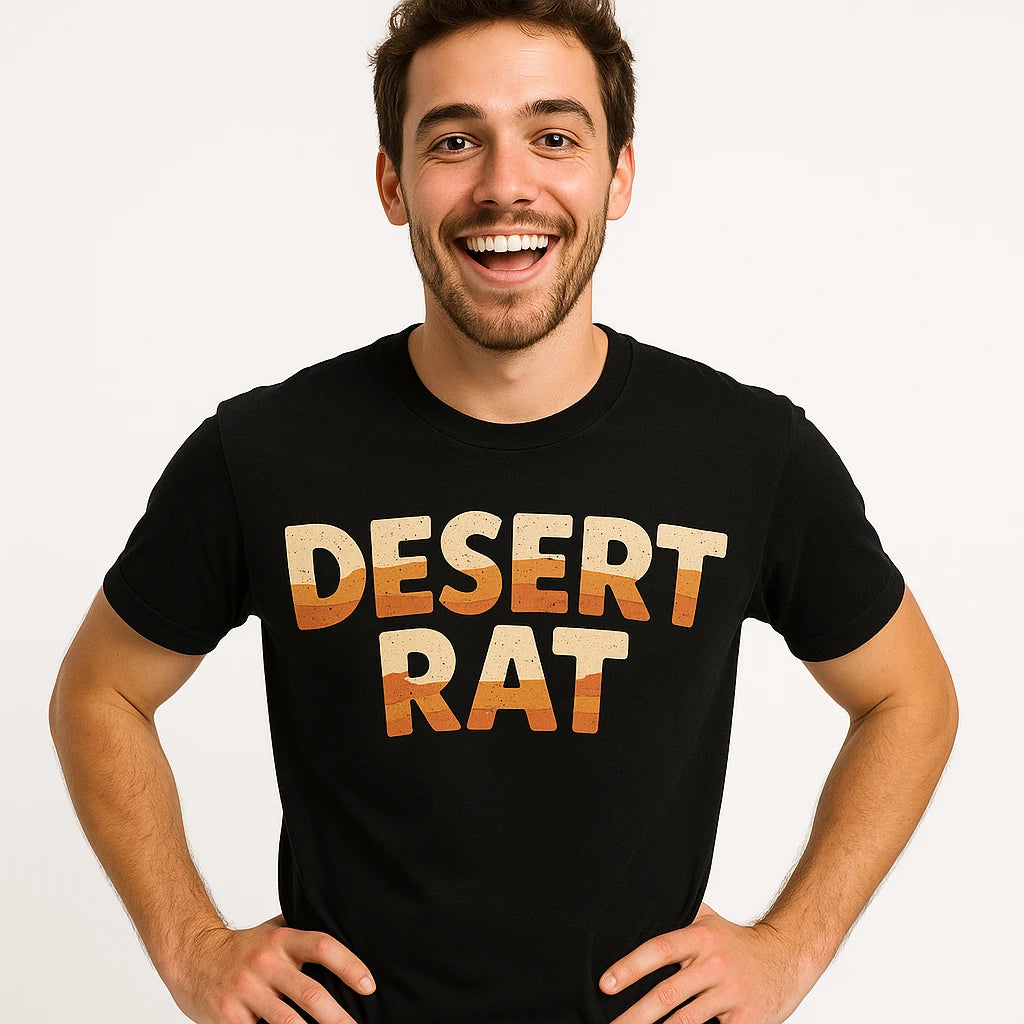 Close-up of the "Desert Rat" tan print on a premium Bella+Canvas black desert camo t shirt