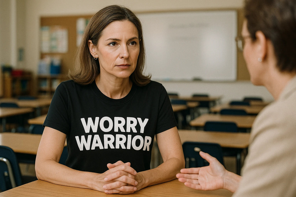 Lifestyle shot of the "Worry Warrior" black mom life t shirt designs in a real-world setting