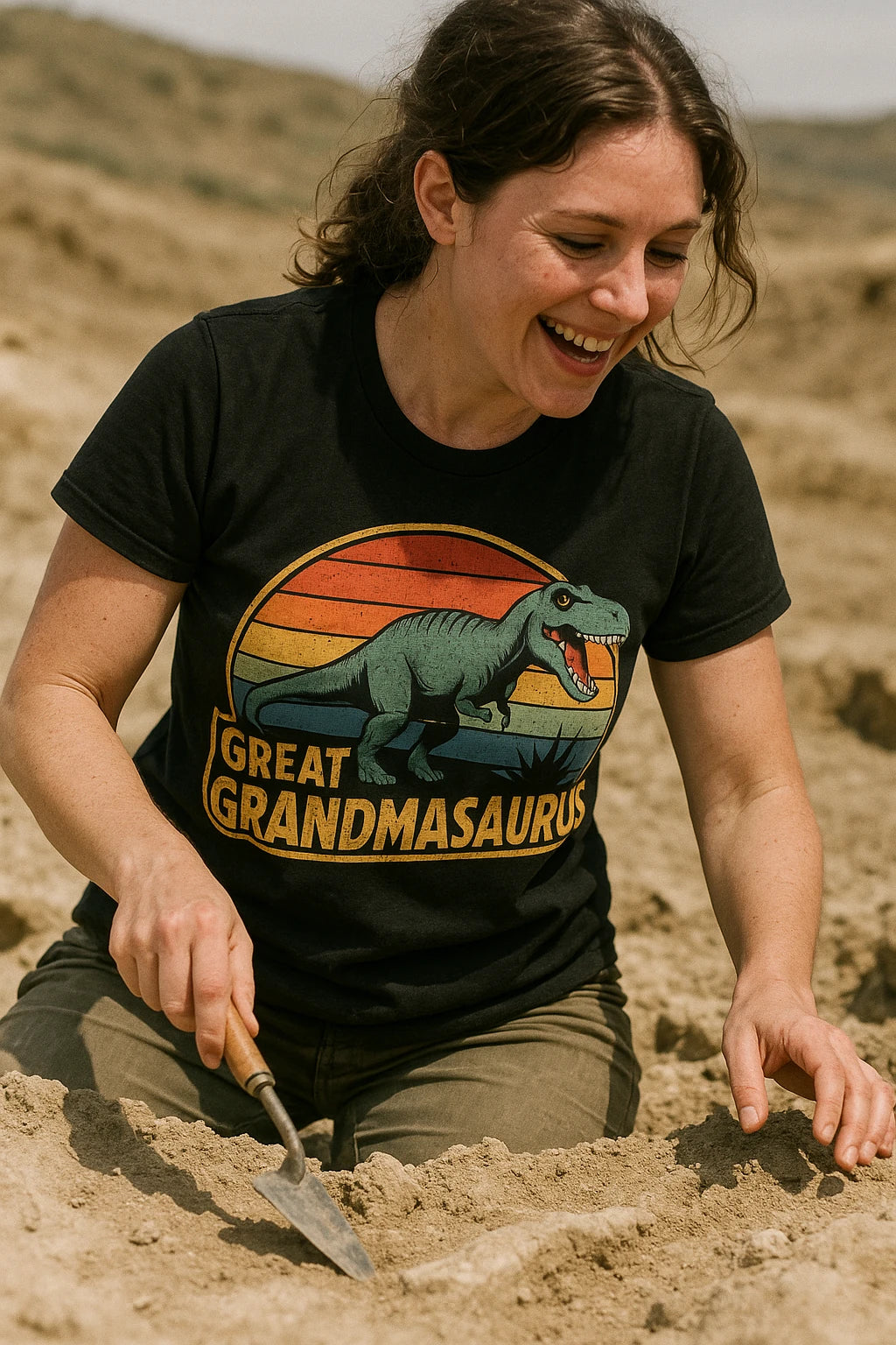"Great Grandmasaurus" black paleontology shirts, photographed as gifts for paleontology lovers